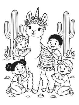 Free printable Happy Children With Cute Llamacorn coloring page