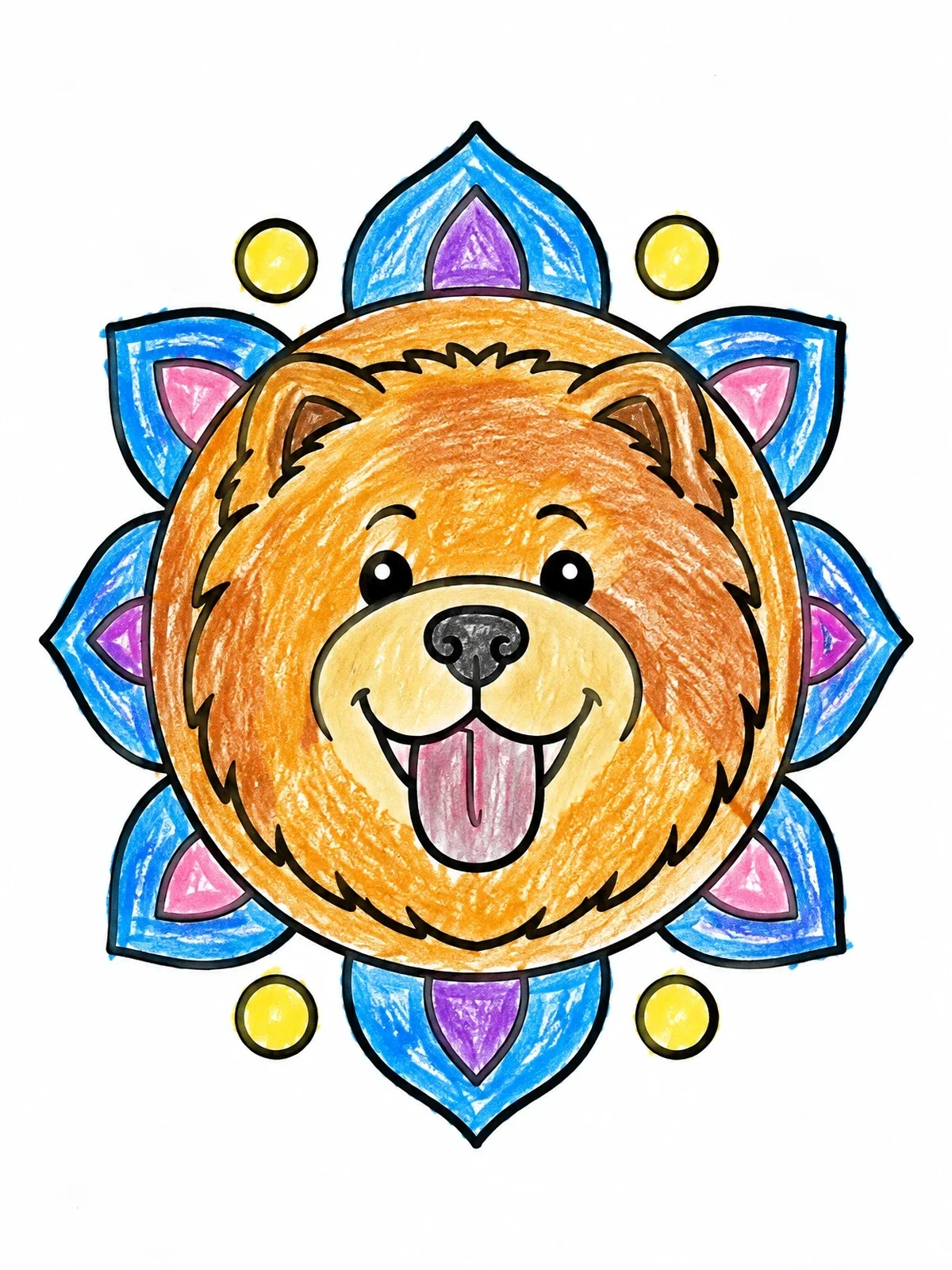 Colored example of the Happy Chow Chow Mandala Portrait coloring page