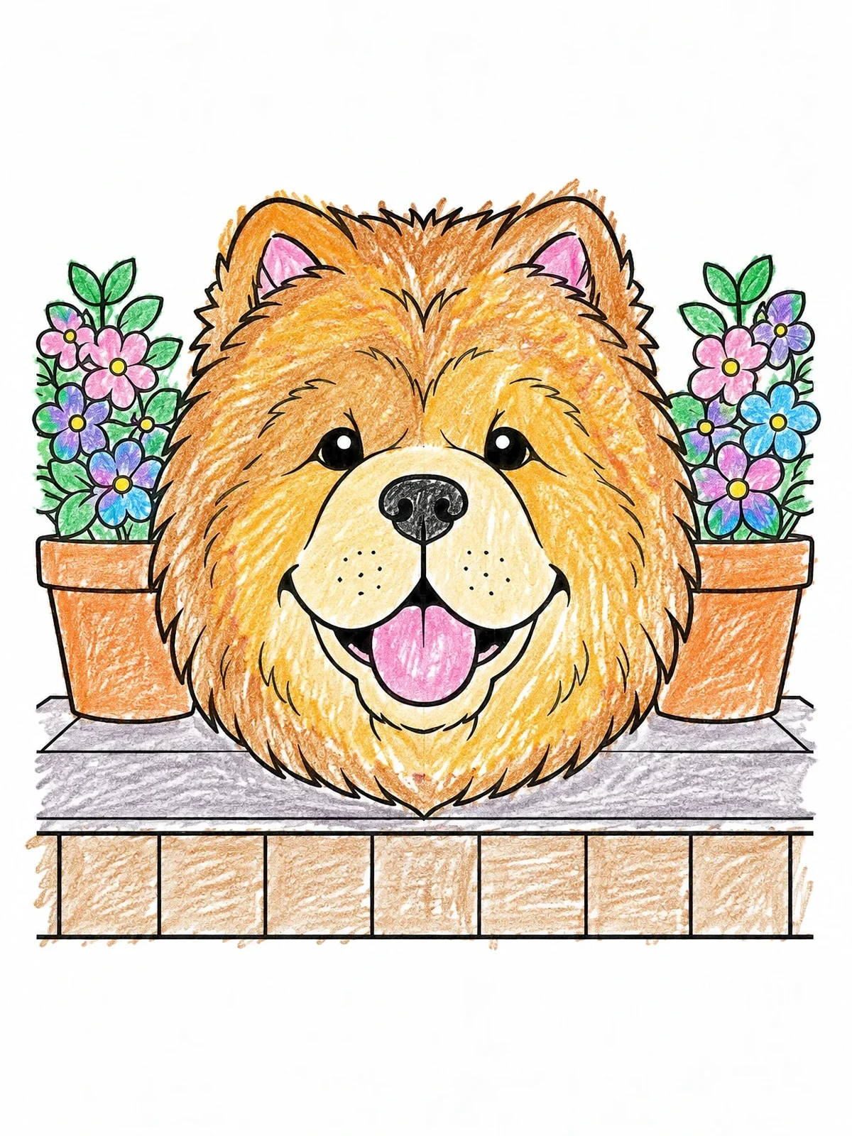 Colored example of the Happy Chow Chow On The Porch coloring page