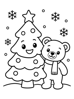 Free printable Happy Christmas Tree And Teddy Bear coloring page