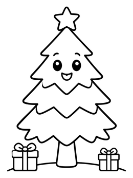 A smiling pine tree beside gifts on this christmas tree coloring page.