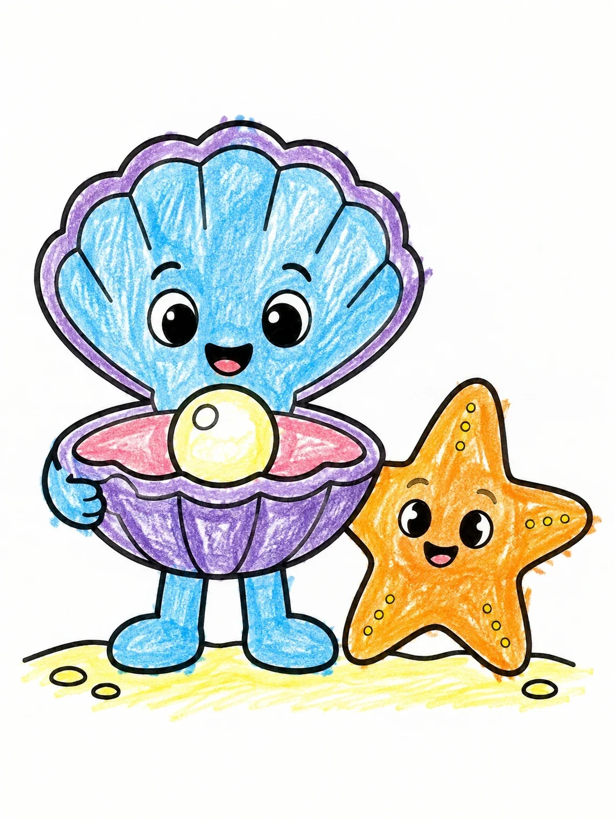 Colored example of the Happy Clam And Starfish Friends coloring page