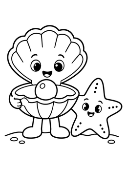 A cheerful clam coloring page with a smiling starfish and a big shiny pearl.
