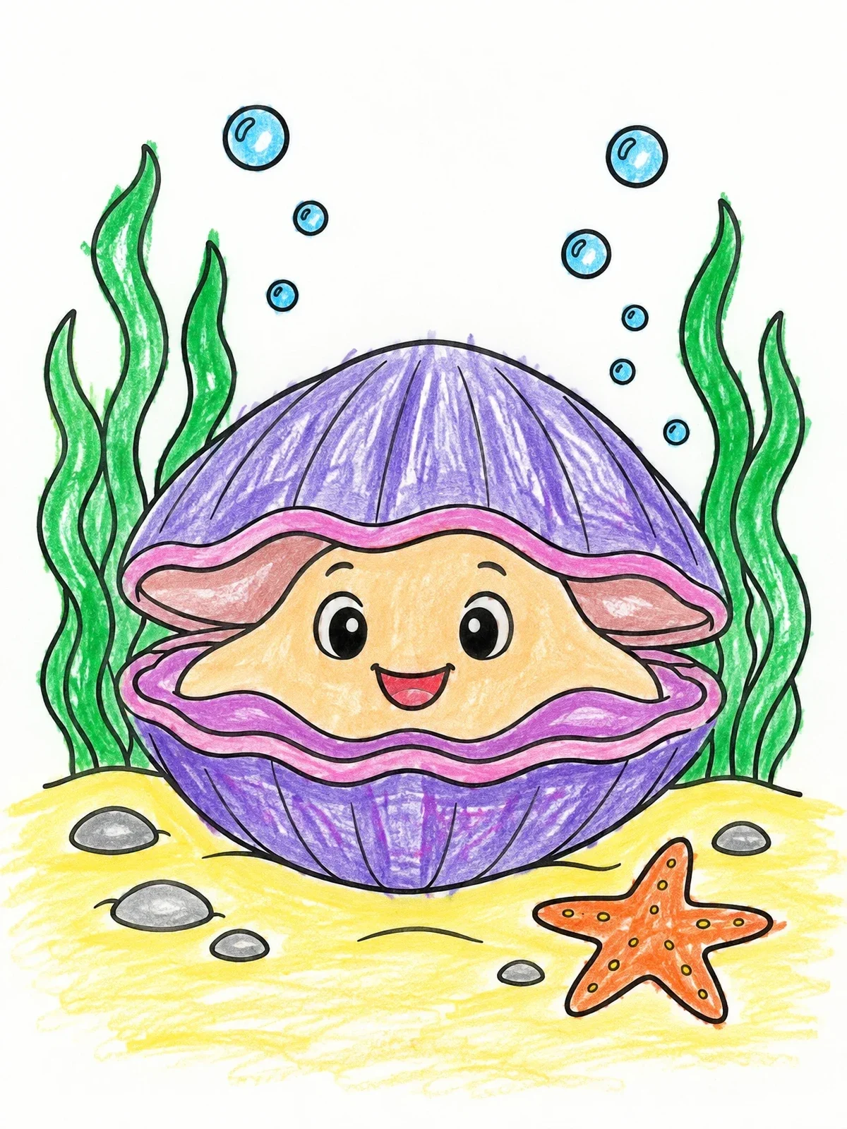 Colored example of the Happy Clam On The Seabed coloring page