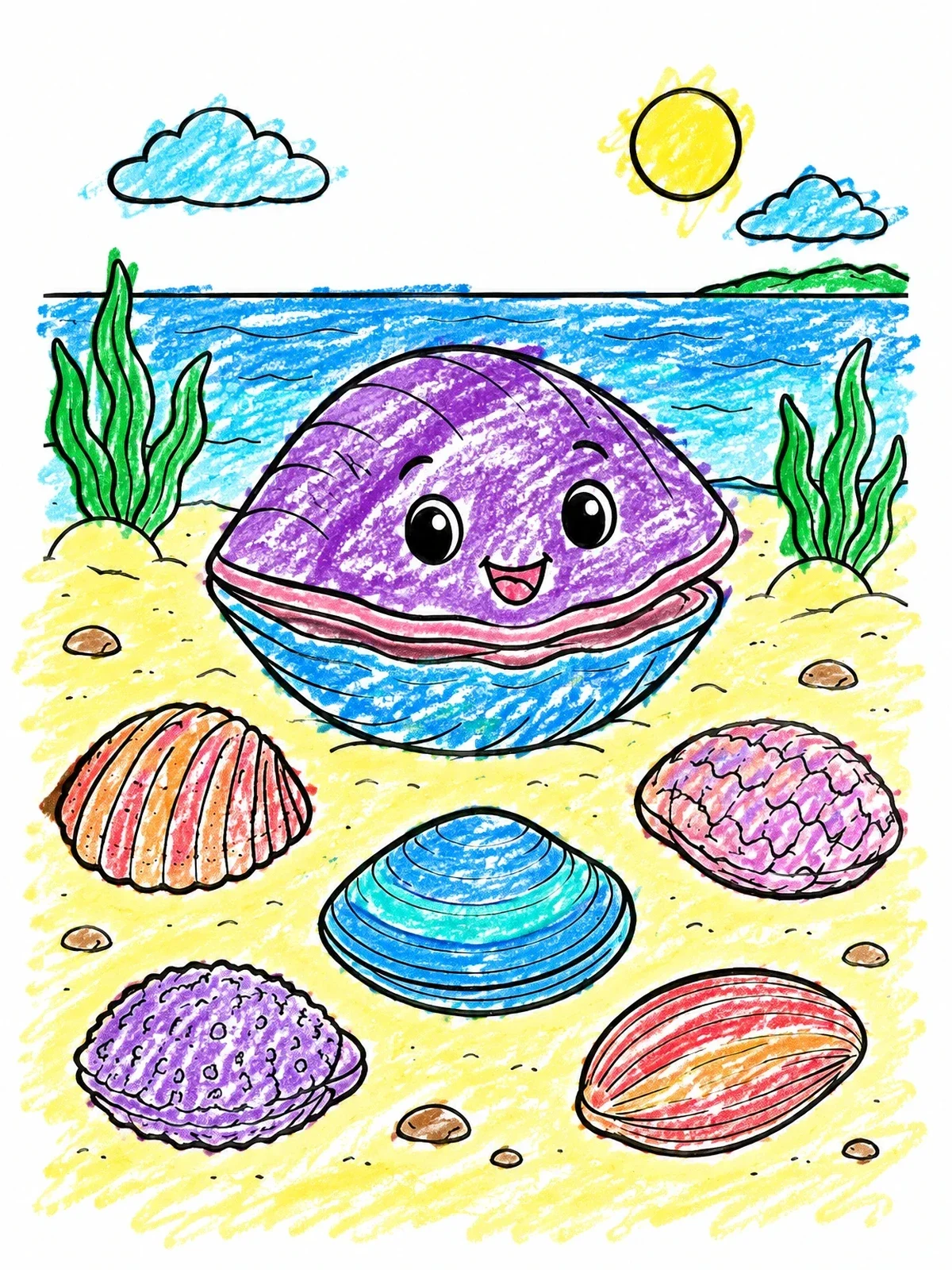 Colored example of the Happy Clam With Sea Shells coloring page