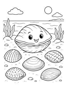 Free printable Happy Clam With Sea Shells coloring page