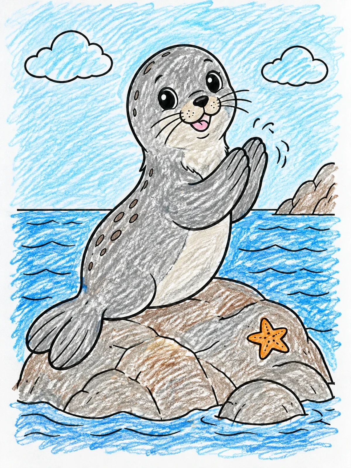 Colored example of the Happy Clapping Seal On Ocean Rock coloring page