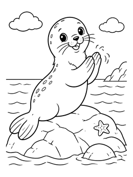 A cheerful seal coloring page featuring a cute seal clapping on a rock next to a starfish.
