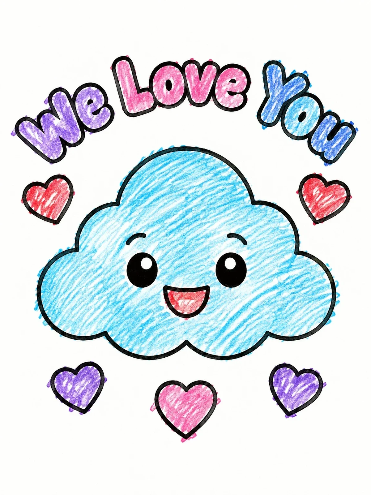 Colored example of the Happy Cloud With Floating Hearts coloring page