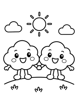 Two smiling cartoon clouds holding hands on this cheerful clouds coloring page.