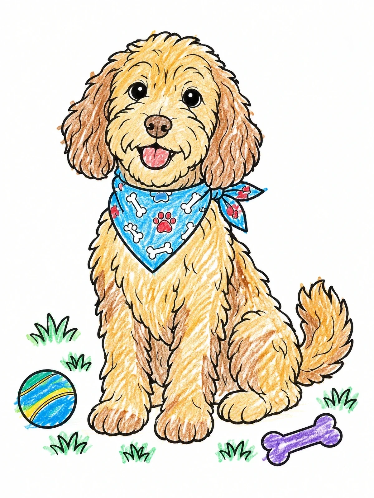 Colored example of the Happy Cockapoo With Patterned Bandana coloring page