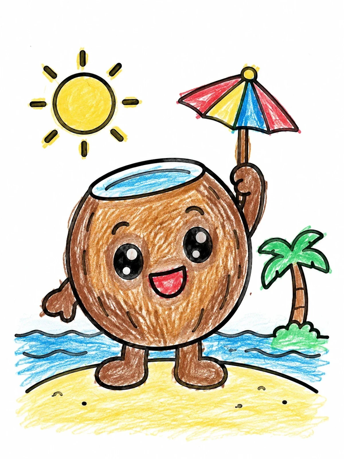 Colored example of the Happy Coconut On The Beach coloring page