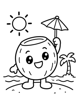 A cheerful coconut character holding an umbrella on a beach in this cute coconut coloring page.