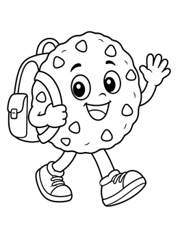 A cheerful cartoon cookie coloring page with a backpack, sneakers, and a waving hand.