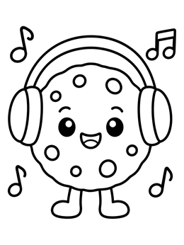 A cheerful cookie coloring page featuring a treat wearing headphones surrounded by musical notes.