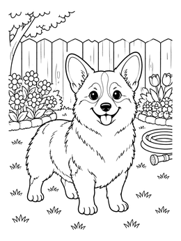 Free printable Happy Corgi In The Backyard coloring page