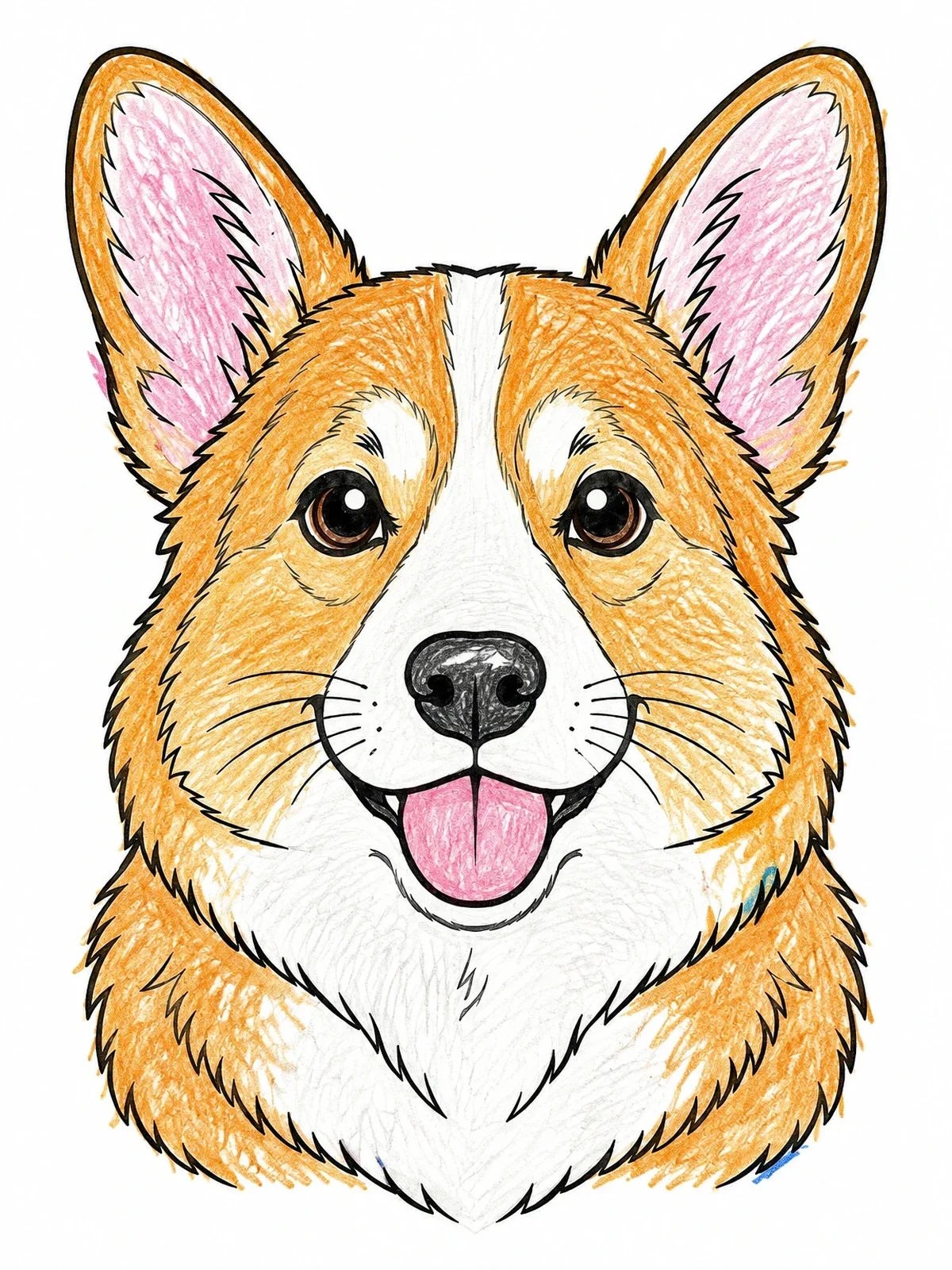 Colored example of the Happy Corgi Face Portrait coloring page