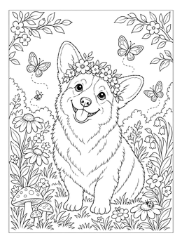Free printable Happy Corgi With Flower Crown coloring page