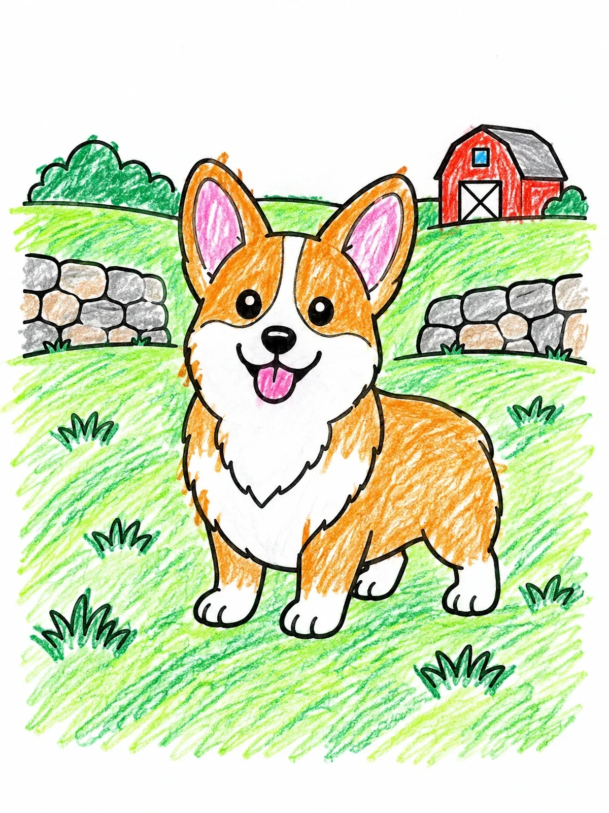 Colored example of the Happy Corgi On The Farm coloring page