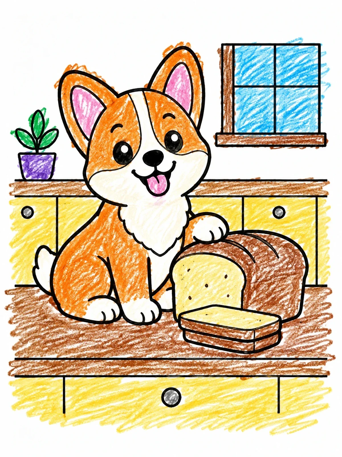Colored example of the Happy Corgi With Bread Loaf coloring page