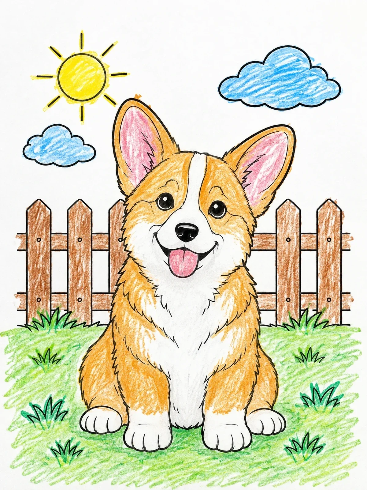Colored example of the Happy Corgi Puppy By Garden Fence coloring page