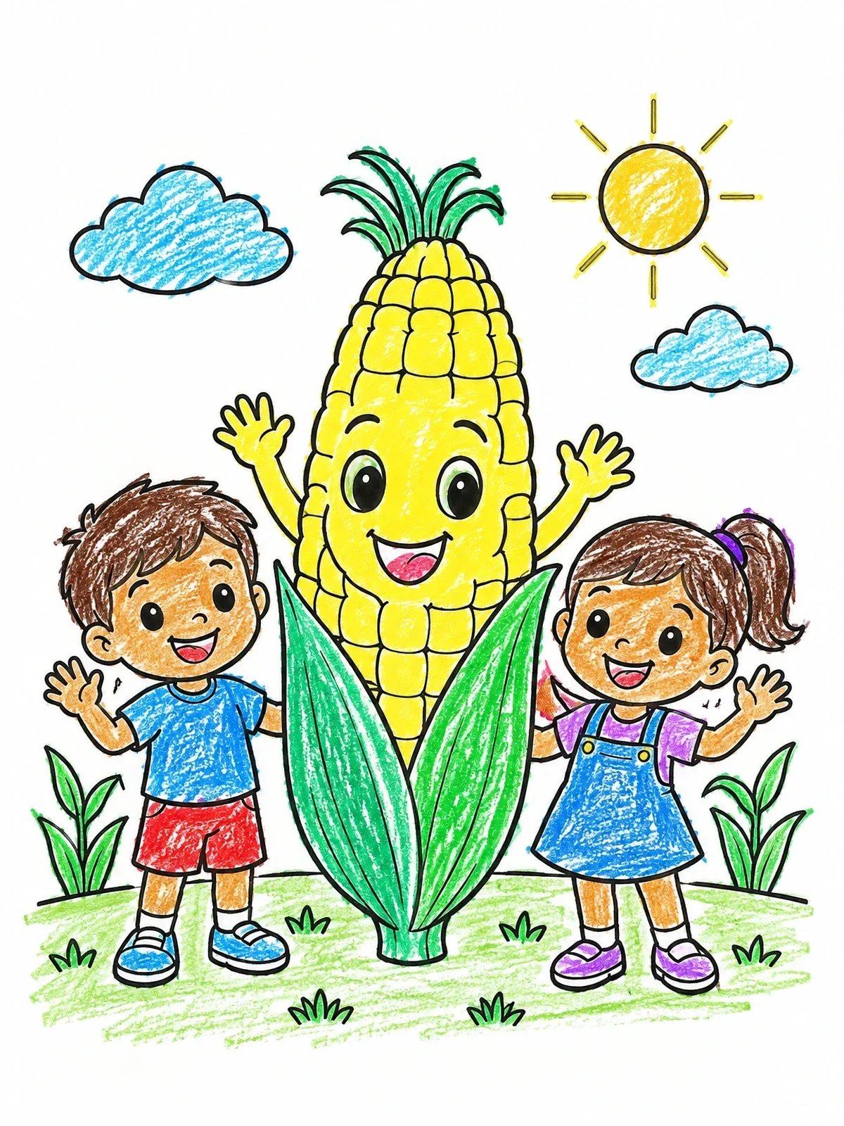 Colored example of the Happy Corn Cob With Cheerful Children coloring page