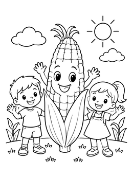 Free printable Happy Corn Cob With Cheerful Children coloring page