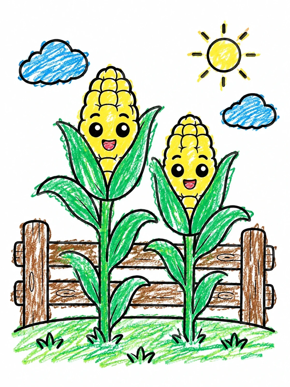 Colored example of the Happy Corn Stalks By The Fence coloring page