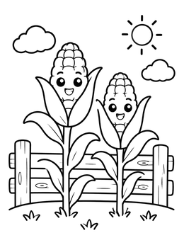 Free printable Happy Corn Stalks By The Fence coloring page