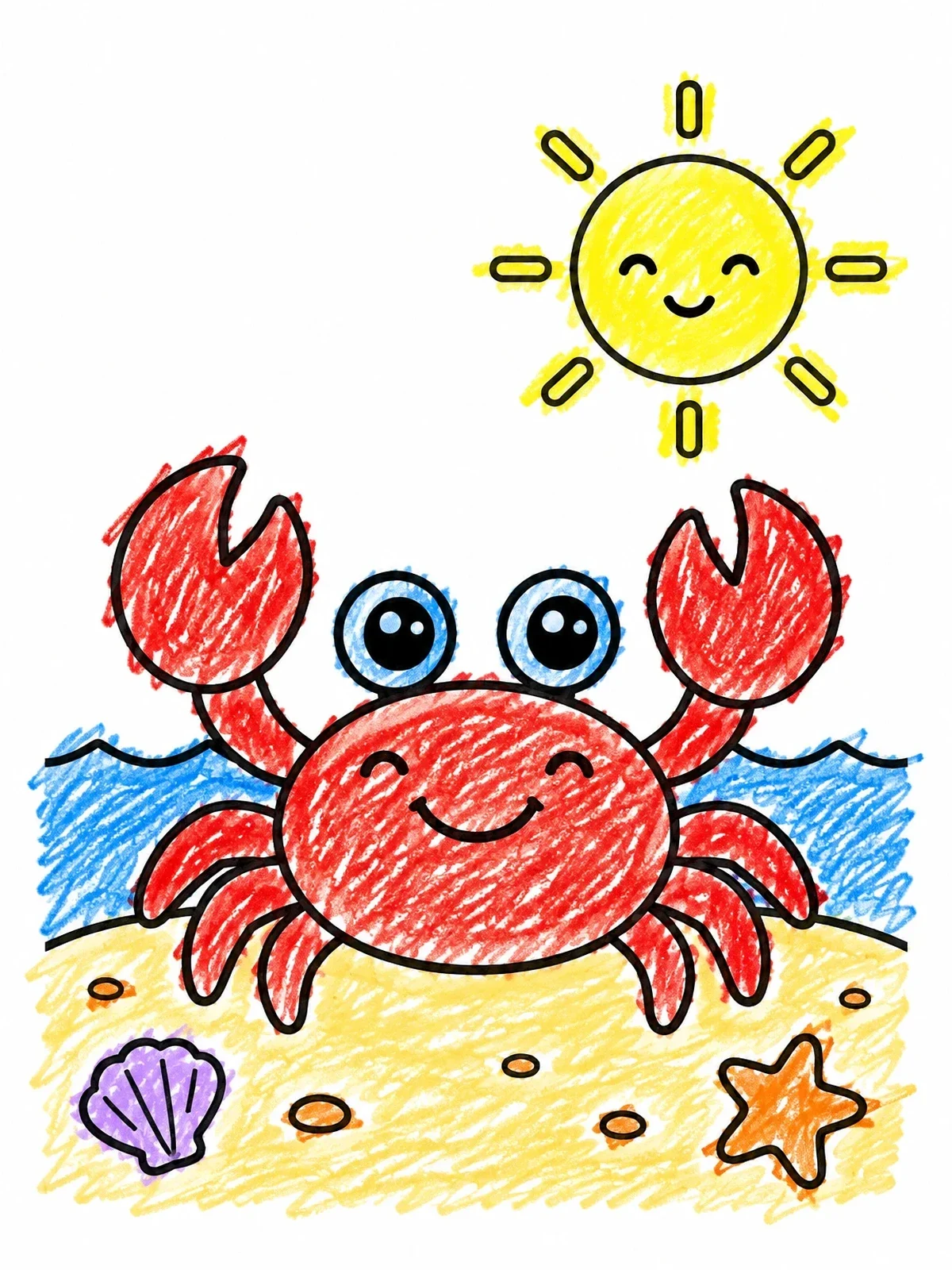Colored example of the Happy Crab On The Beach coloring page