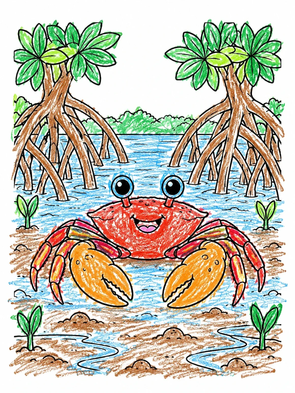 Colored example of the Happy Crab In Mangrove Forest coloring page