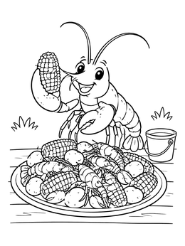 Free printable Happy Crawfish With Seafood Feast coloring page