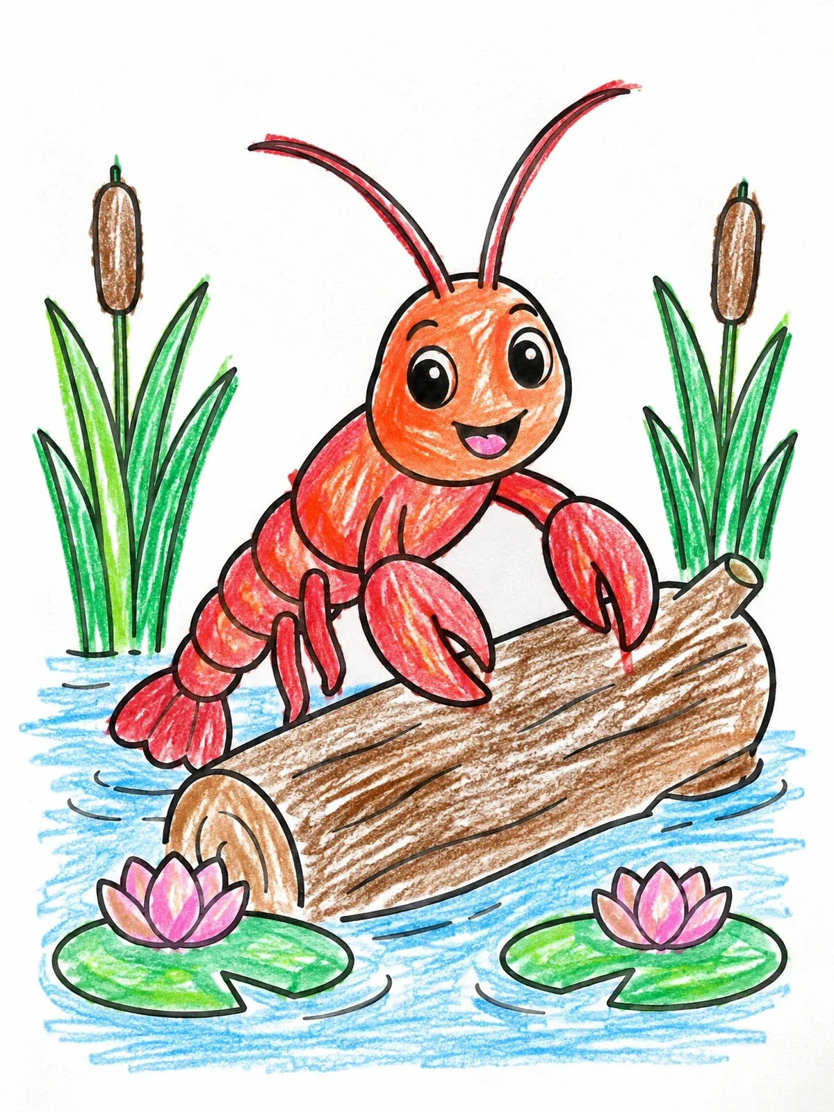 Colored example of the Happy Crawfish On A Log coloring page