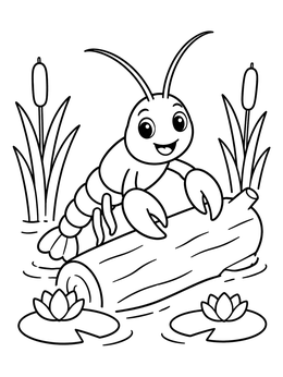 A cheerful crawfish coloring page featuring a cartoon crayfish climbing a floating log.