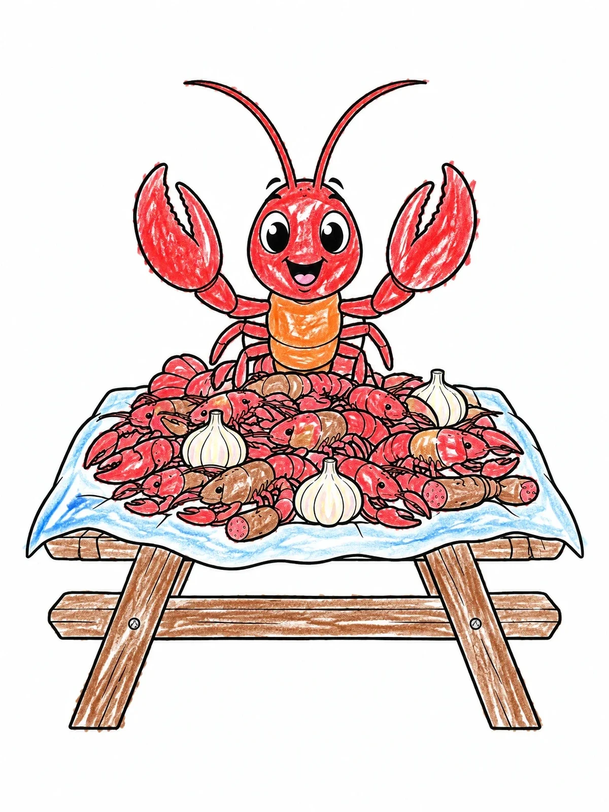 Colored example of the Happy Crawfish At Picnic Feast coloring page