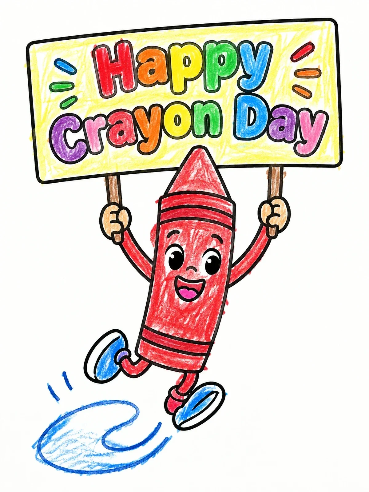 Colored example of the Happy Crayon Day Character Jumping coloring page