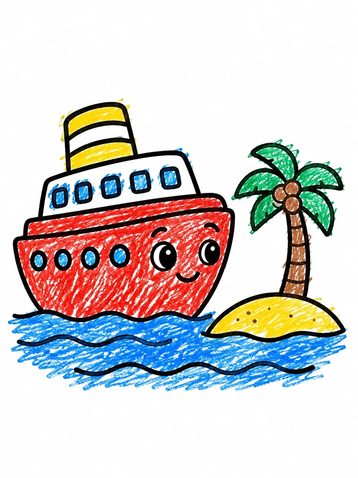 Colored example of the Happy Cruise Ship By A Palm Island coloring page