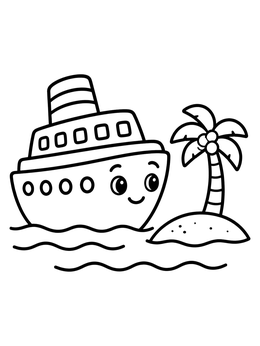 Free printable Happy Cruise Ship By A Palm Island coloring page