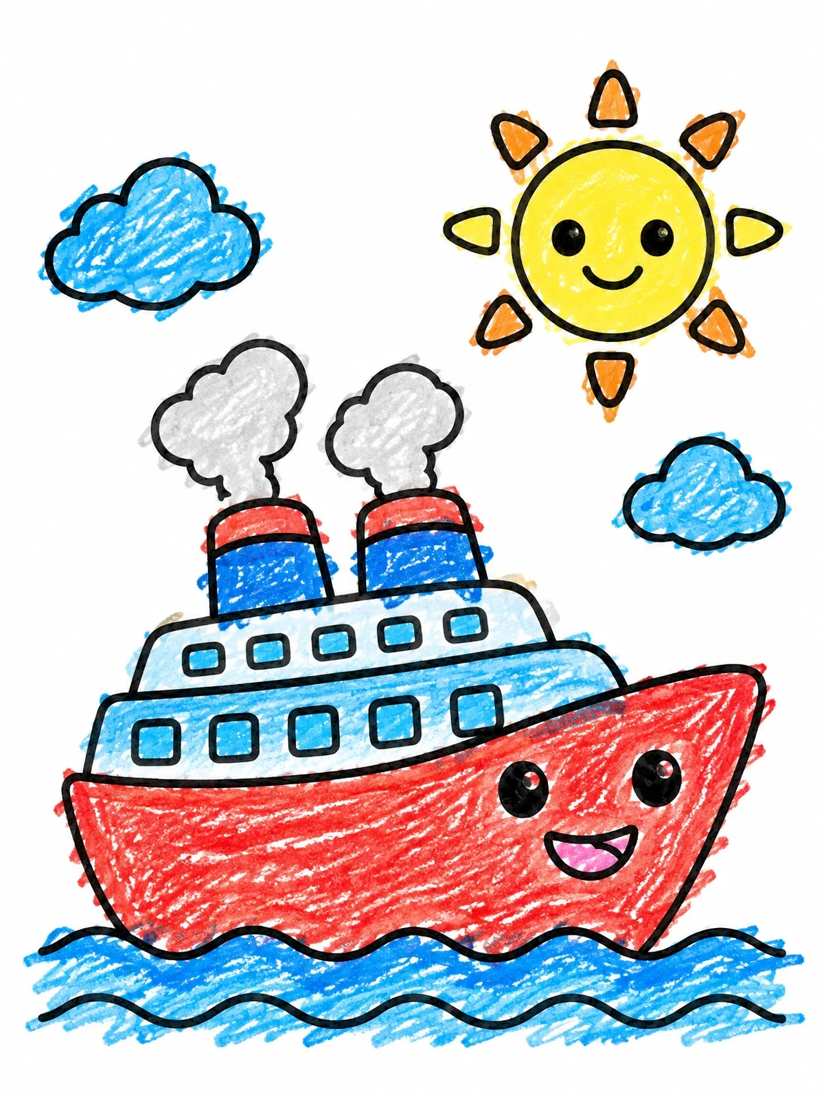Colored example of the Happy Cruise Ship In The Sunshine coloring page