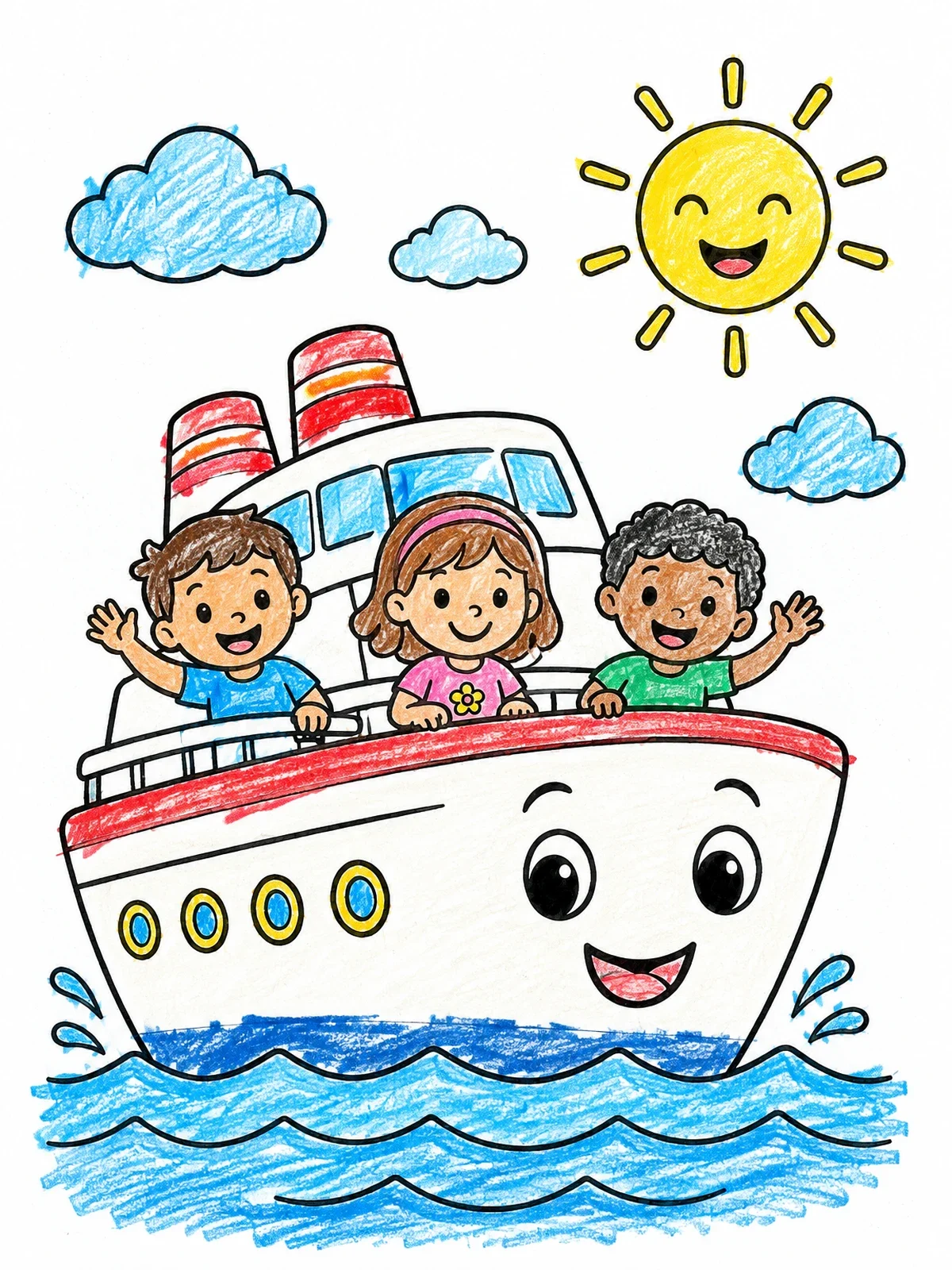 Colored example of the Happy Cruise Ship With Children coloring page