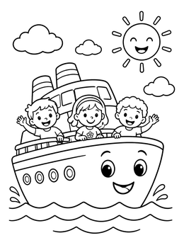 Free printable Happy Cruise Ship With Children coloring page