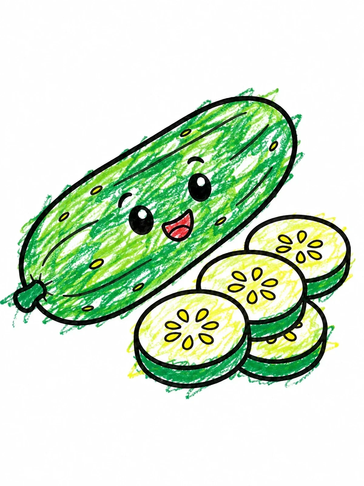 Colored example of the Happy Cucumber With Fresh Slices coloring page