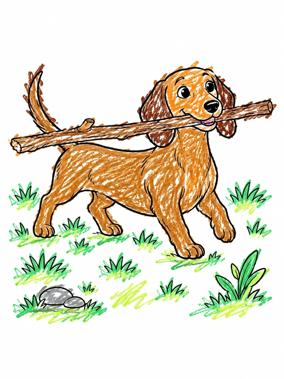 Colored example of the Happy Dachshund Carrying A Large Stick coloring page