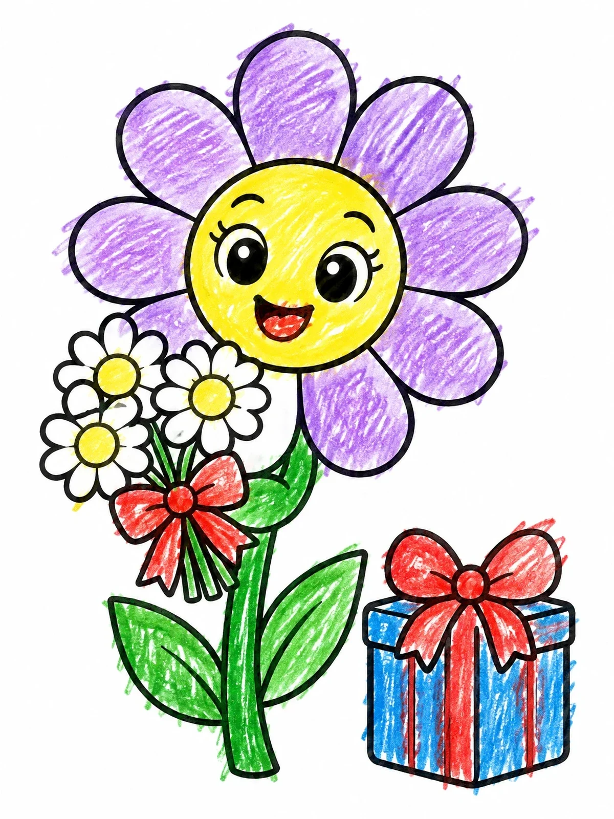Colored example of the Happy Daisy With Bouquet And Gift coloring page