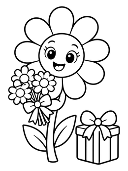A cheerful daisy flower coloring page featuring a smiling blossom holding smaller flowers beside a present.