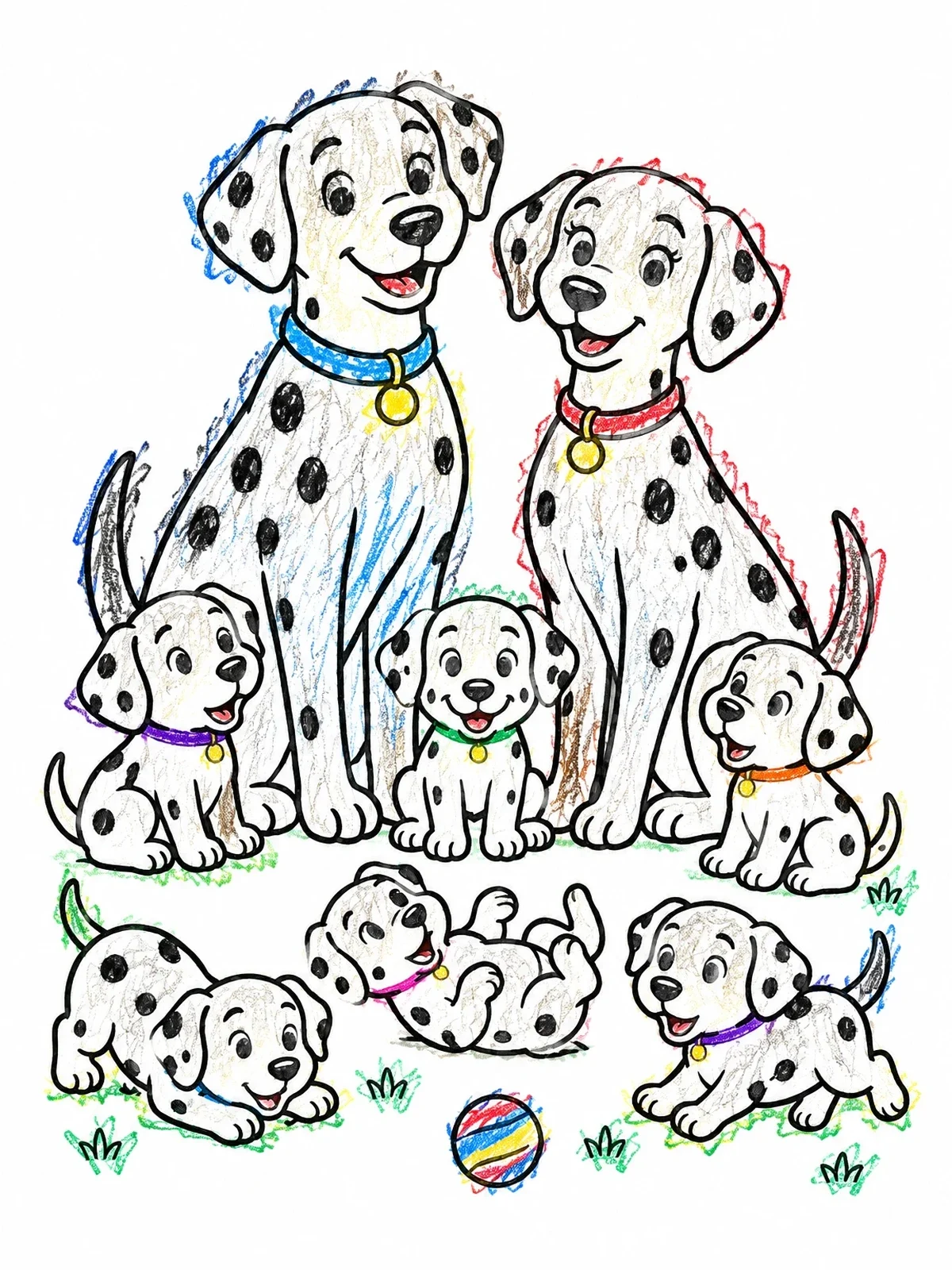 Colored example of the Happy Dalmatian Family With Puppies coloring page