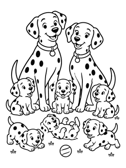 Free printable Happy Dalmatian Family With Puppies coloring page