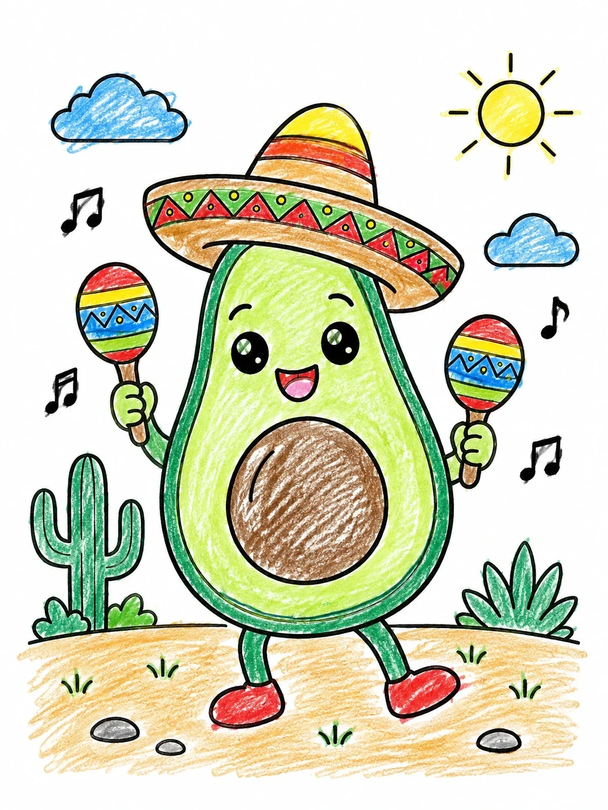 Colored example of the Happy Dancing Avocado With Maracas coloring page