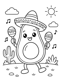 Free printable Happy Dancing Avocado With Maracas coloring page