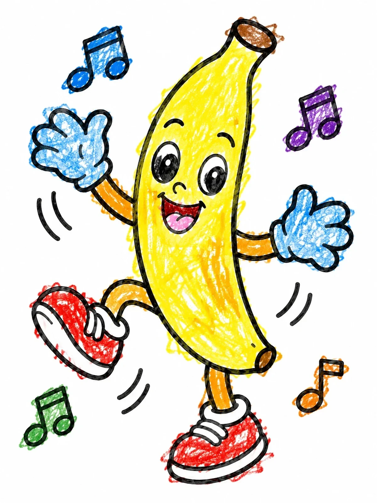 Colored example of the Happy Dancing Banana With Sneakers coloring page